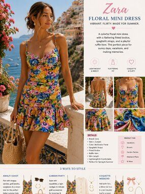 Zara Floral Mini Dress L Euro Summer Coquette Vacation Ruffle Hem Colorful